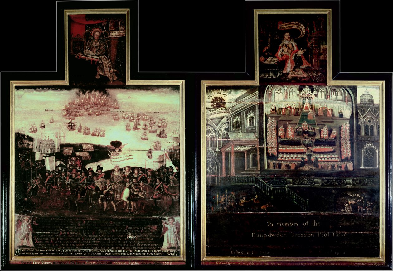 Diptych zobrazující příjezd královny Alžběty I. (1530-1603) do Tilbury, porážku španělské armády a spiknutí střelného prachu od English School