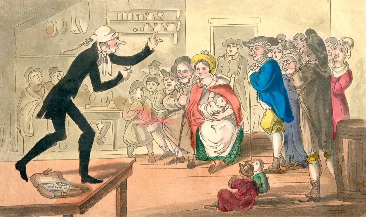 Dr. Comicus Selling his Pills, z The Adventures of Dr. Comicus or The Frolicks of Fortune, vydané kolem roku 1815 (ručně kolorovaná akvatinta) od English School