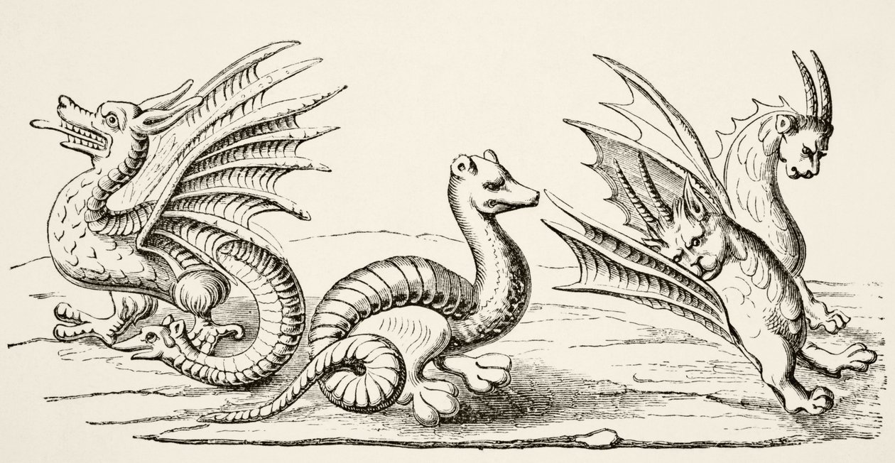Draci, po miniaturách v 14. století „Kniha divů světa“, z „Vědy a literatury ve středověku“ od Paula Lacroixe, 1878 od English School