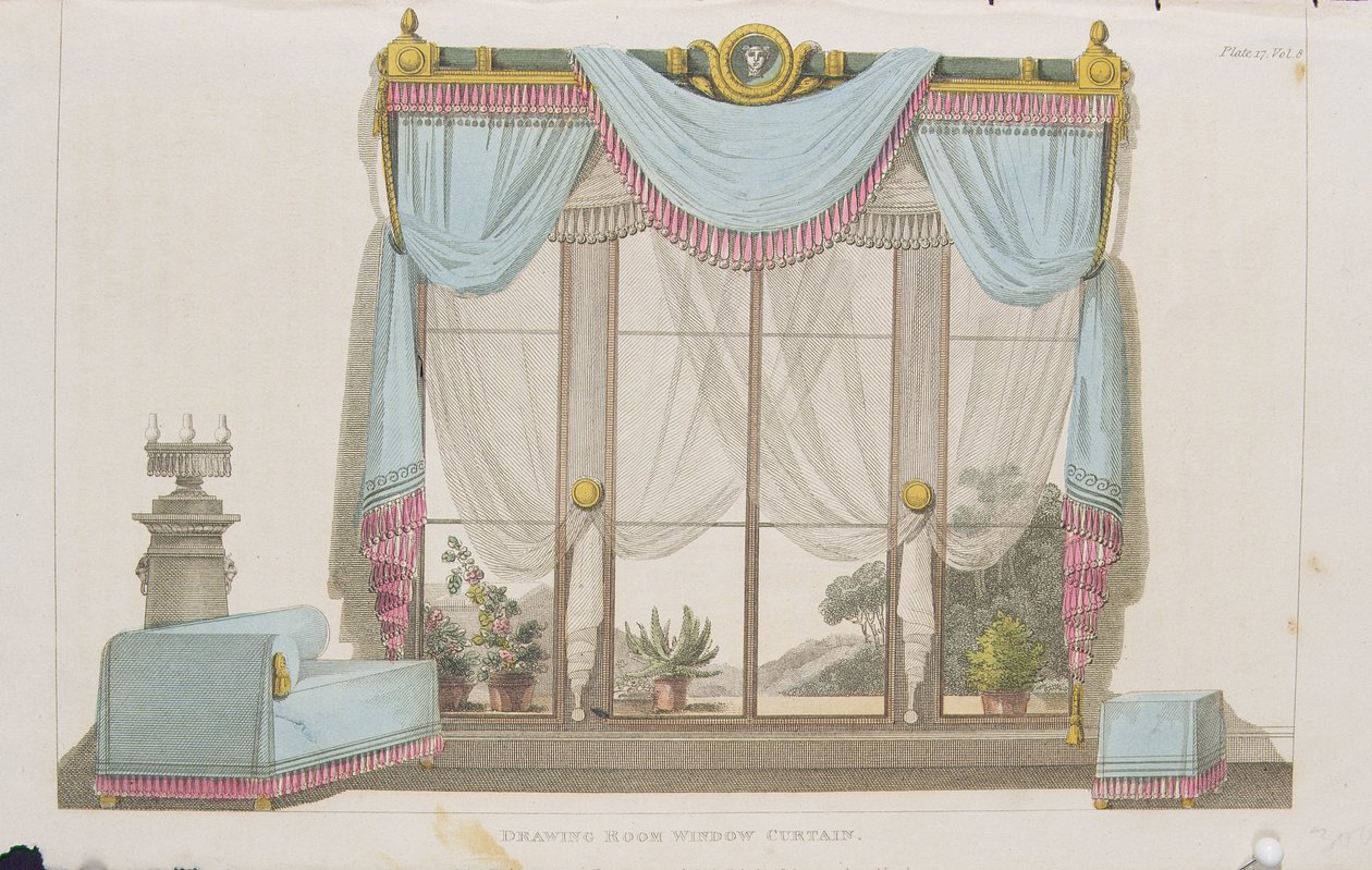 Závěs na okno přijímacího pokoje, deska 43 z Ackermanns Repository of Arts, vydáno 1812 od English School