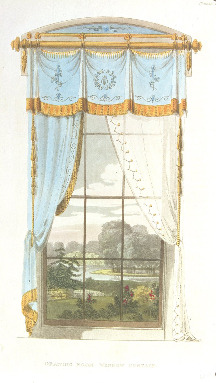 Závěs na okno přijímacího pokoje, deska 72 z Ackermanns Repository of Arts, vydáno 1815 od English School