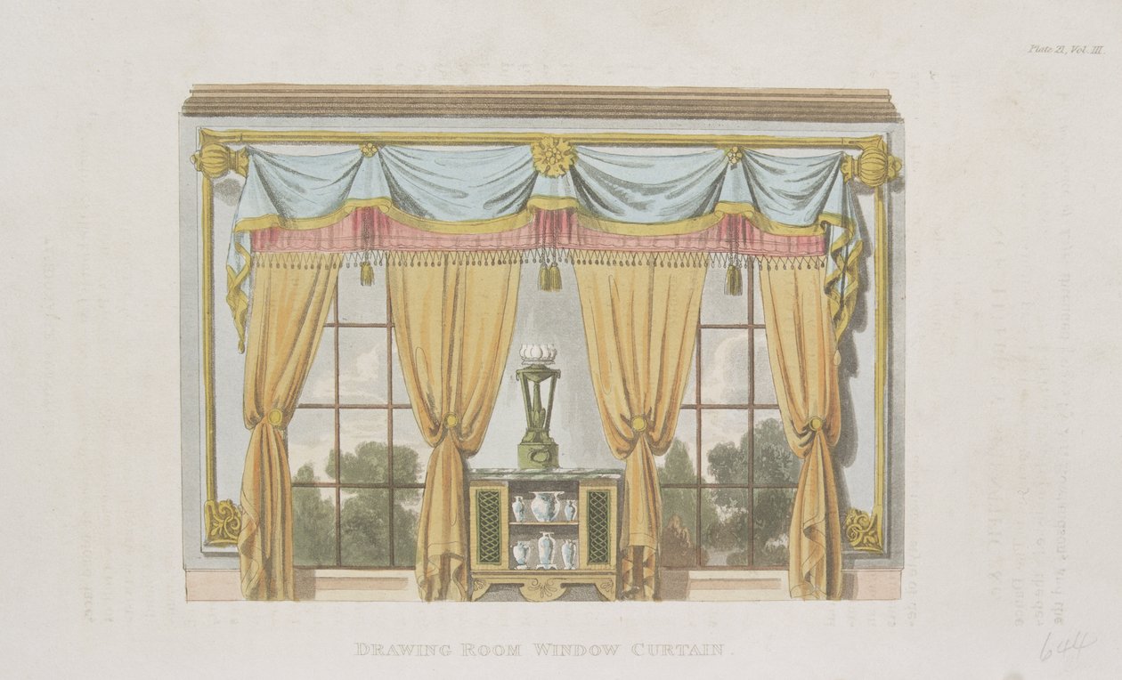 Závěs na okno přijímacího pokoje, deska 93 z Ackermanns Repository of Arts, vydáno 1817 od English School