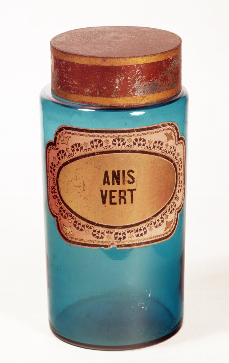 Drug Jar, se štítkem pro Anis Vert, cca 1860 (modré sklo) od English School