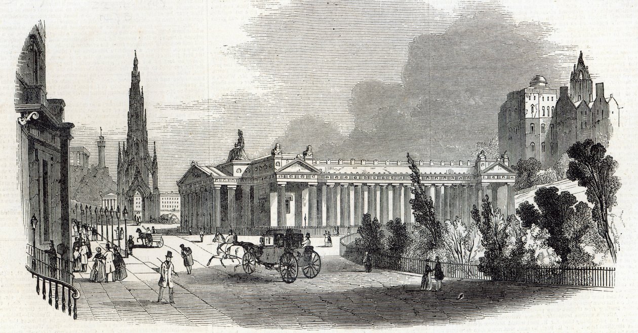 Edinburgh: Royal Institution a Scott Monument, z „The Illustrated London News“, 22. února 1845 od English School