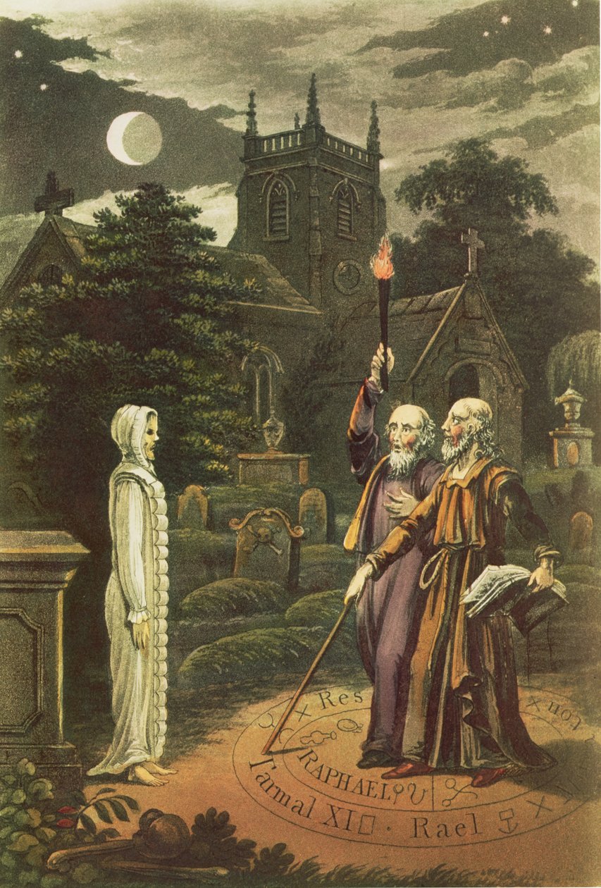 Edward Kelly (nar. 1555) kouzelník a jeho partner matematik a astrolog John Dee (1527-1608) vyvolávající ducha (ručně kolorovaná rytina) od English School