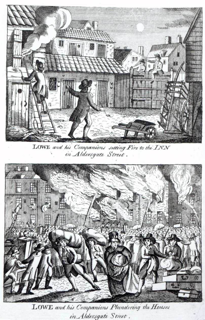 Edward Lowe a jeho společníci zapálili hostinec na Aldersgate Street a plenili domy, 16. května 1790 od English School