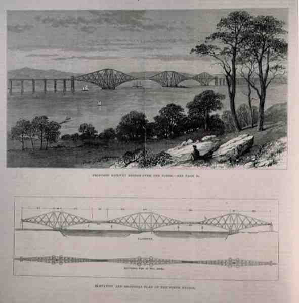 Výškopis a sekční plán Forth Bridge, Edinburgh, z The Illustrated London News, 28. ledna 1882 od English School