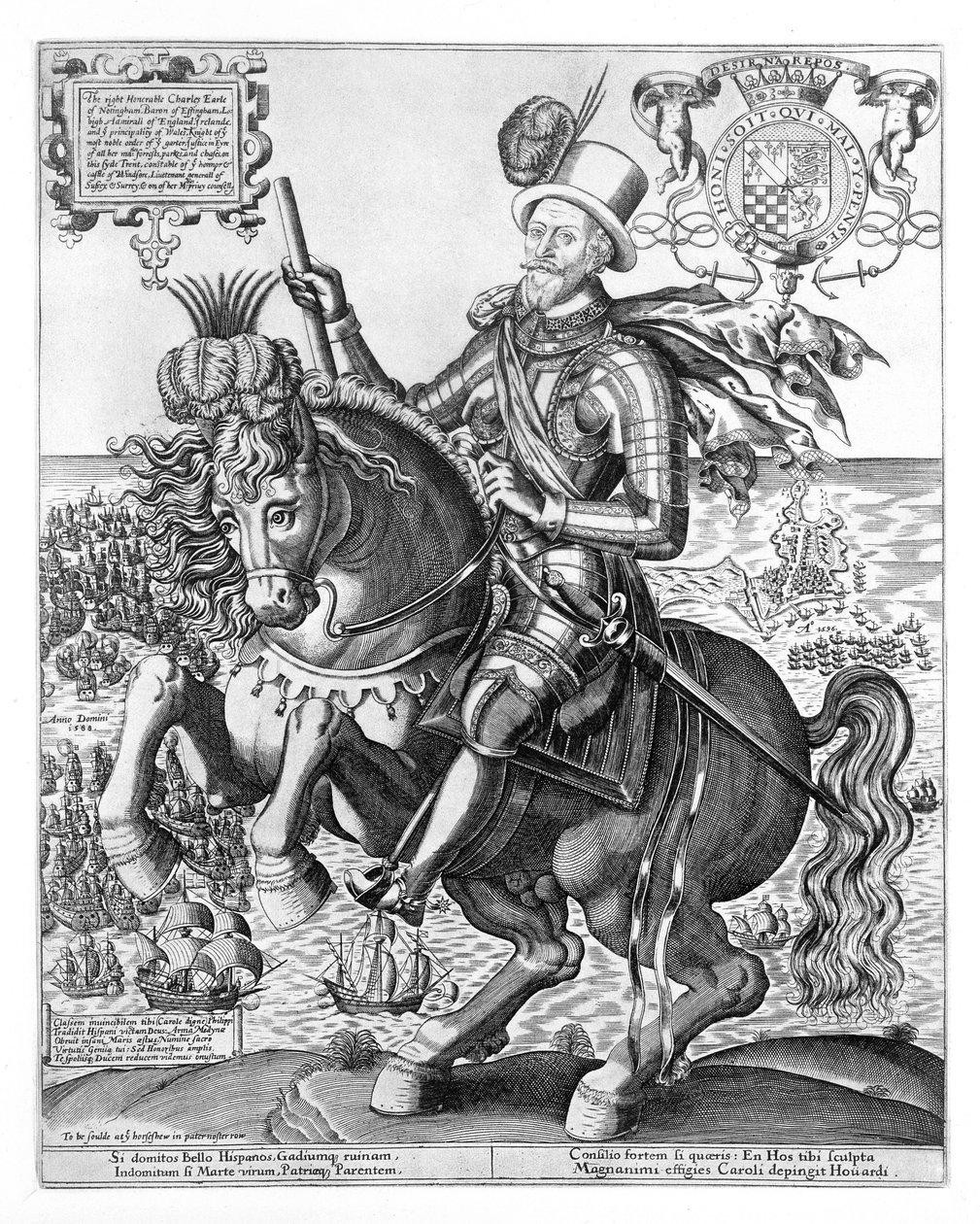 Jezdecký portrét Charlese Howarda (1536-1624) 2. baron Howard z Effinghamu, 1. hrabě z Nottinghamu, vyrytý Thomasem Cocksonem (fl.1591-1636) kolem 1597-1603 od English School