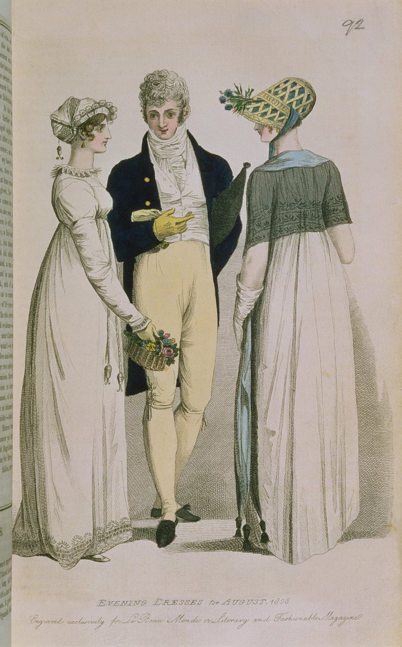 Večerní šaty na srpen 1808, ilustrace z „Le Beau Monde aneb, Literární a módní časopis“, 1808 od English School