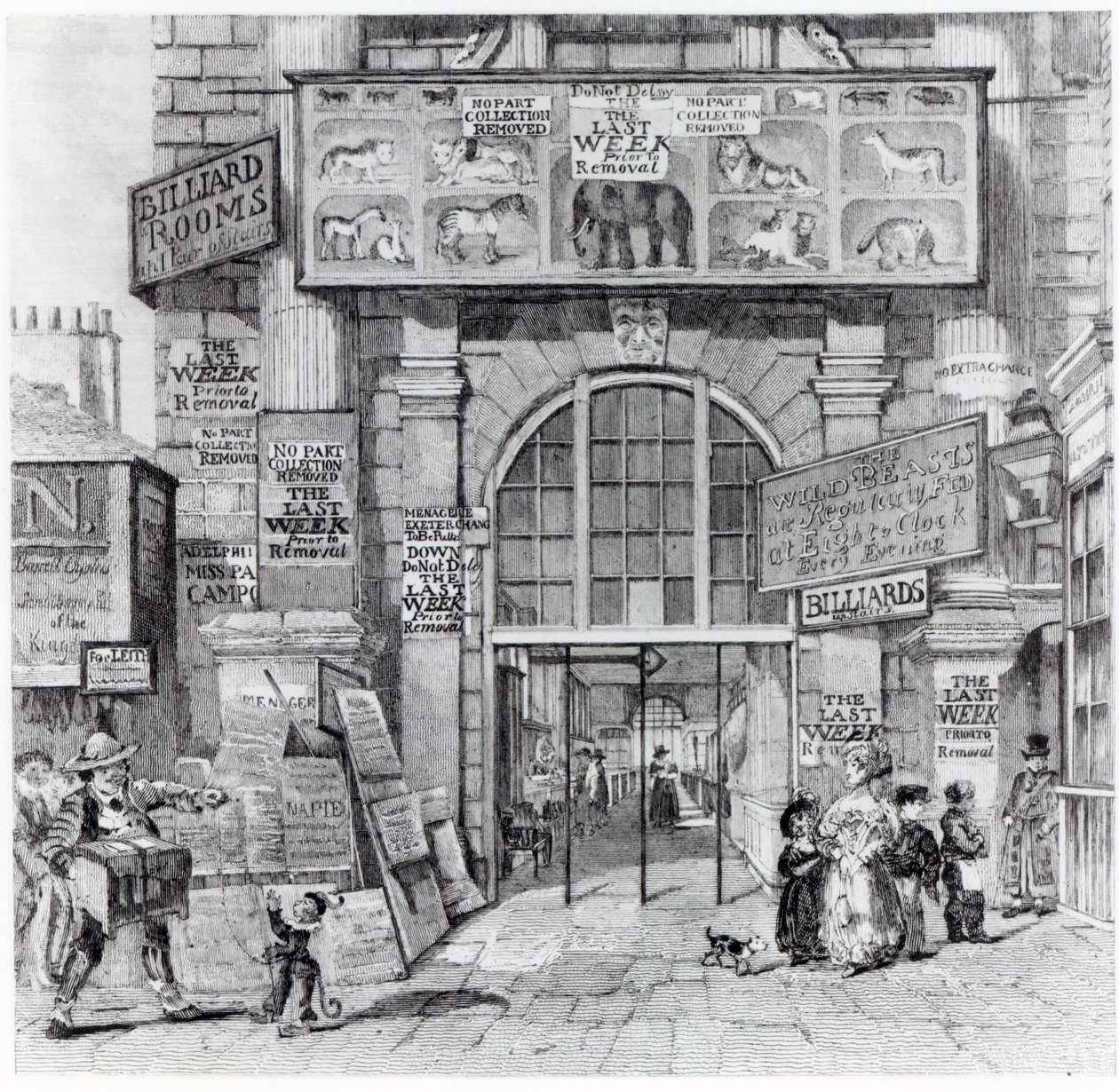 Exeter Change ukazuje vchod do královského velkého národního zvěřince Edwarda Crosse, kolem roku 1829 od English School