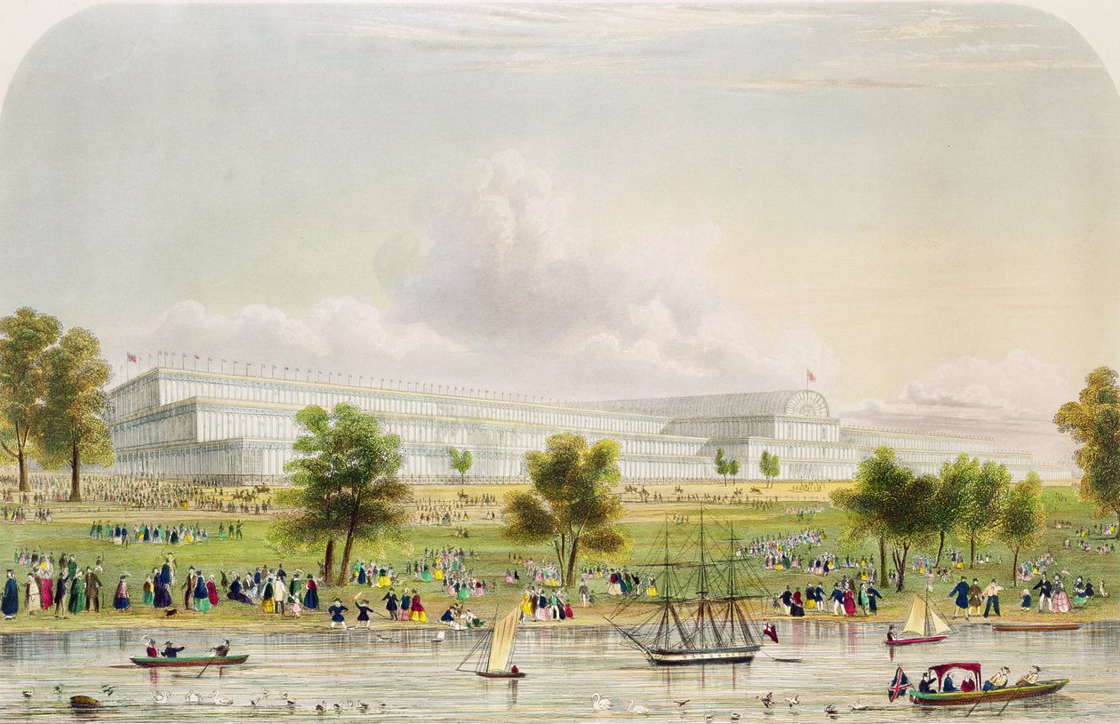 Vnější pohled na Velkou výstavu všech národů, z Serpentine, hospoda. od Reed and Co. 1851 (tisk) od English School