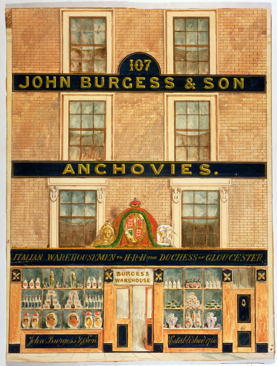 Fasáda John Burgess & Son, skladníci vévodkyně z Gloucesteru (wc na papíře) od English School