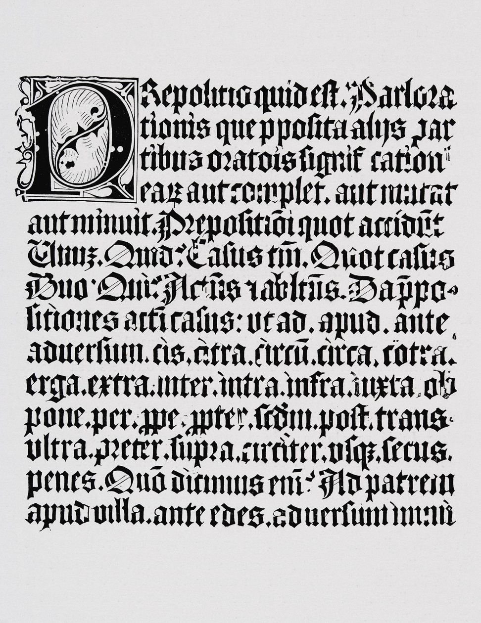 Faksimile stránky xylografie nebo dřevorytiny o předložce z mluvnice vytištěné Johannem Fustem a Johannesem Gutenbergem, Mainz, kolem 1450 od English School
