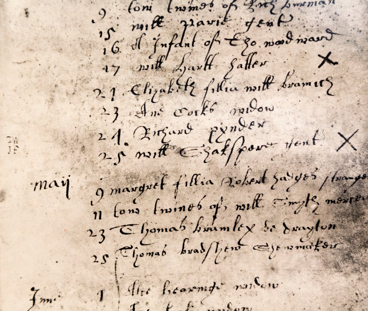 Faxový záznam pro pohřeb Williama Shakespeara 25. dubna 1616 od English School