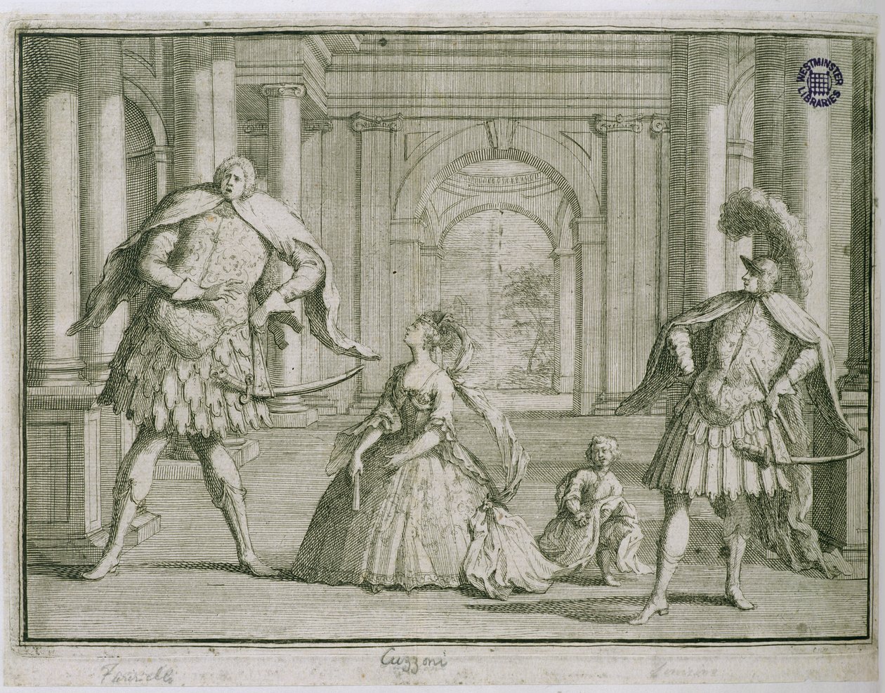 Farinelli, Cuzzoni a Senesino v Handels Flavio, kolem roku 1728 od English School