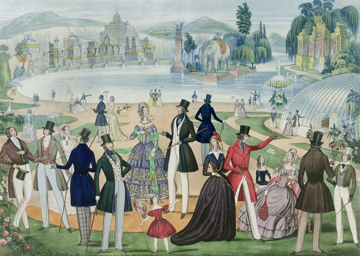 Módní štítek zobrazující „Summer Fashions for 1844“, vydaný B.Read und Co., 1844 (známý na papíře) od English School