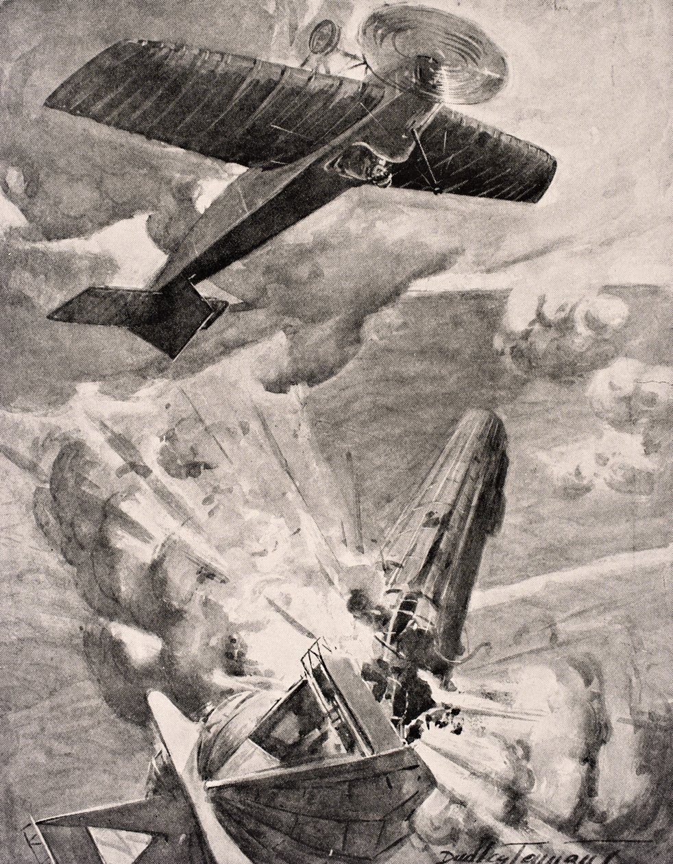 Flight Sub-Lieutenant Warneford VC bombarduje a ničí vzducholoď Zeppelin 1915, z ‚The War Illustrated Album deLuxe‘, vydané v Londýně, 1916 od English School