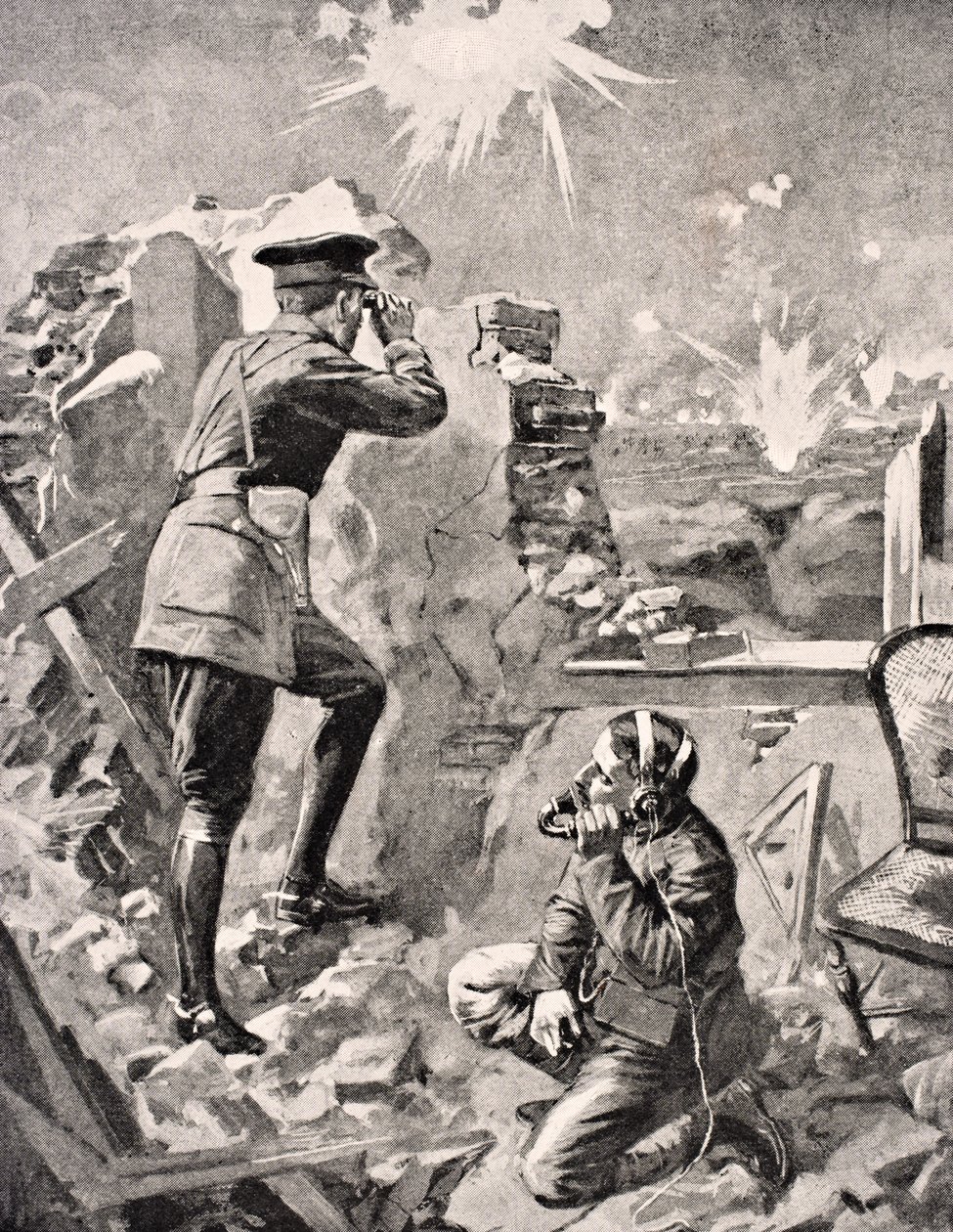 Předsunutý důstojník pozoruje účinek plíživé dělostřelecké palby, z "The War Illustrated Album deLuxe", vydaného v Londýně, 1916 od English School