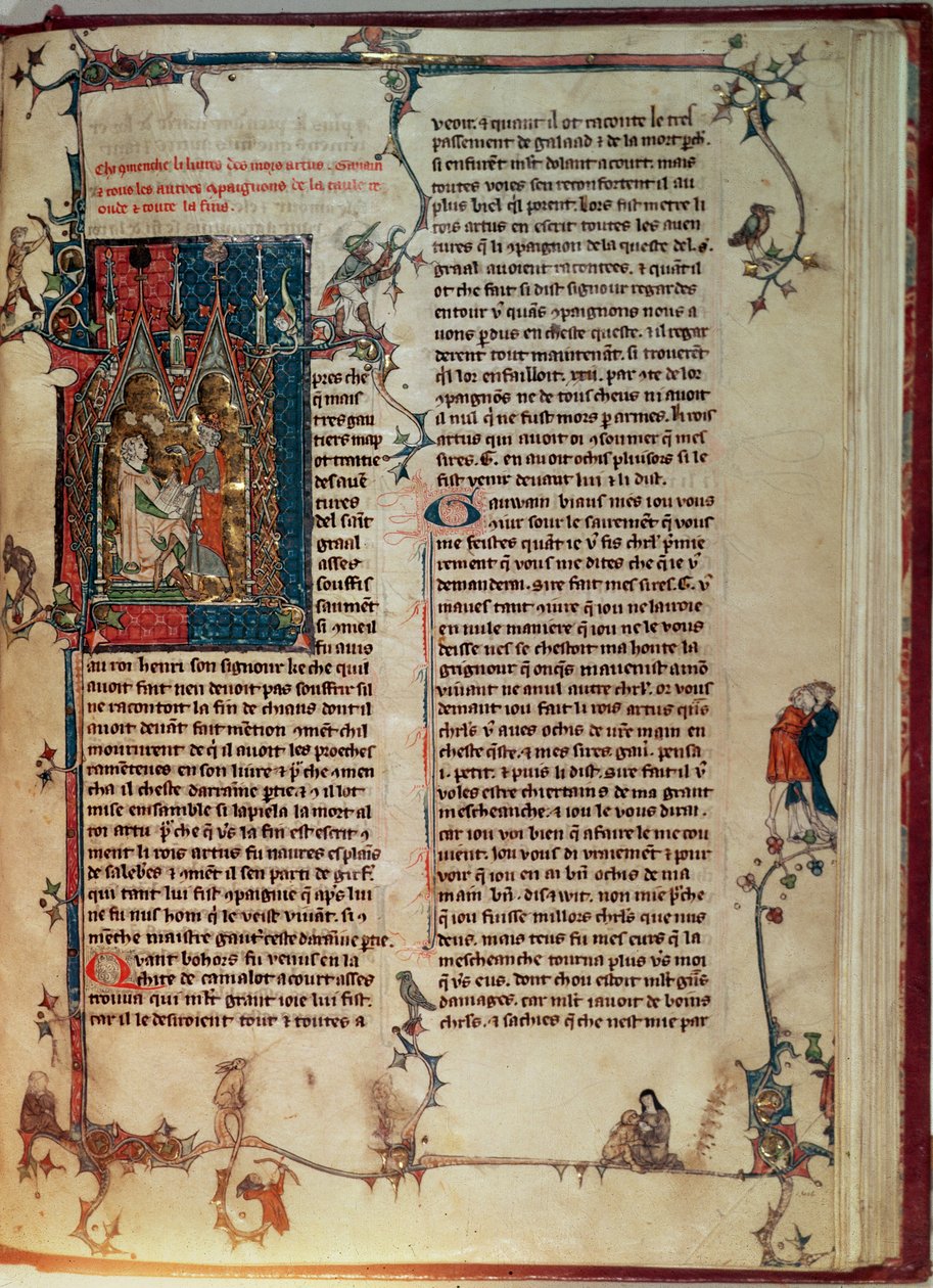 Pá 1 f.82r Sv. I Walter Map snímá příběh o dobrodružstvích rytířů kulatého stolu na cestě za Svatým grálem podle diktátu krále Artuše z manchesterského artušovského římského od English School