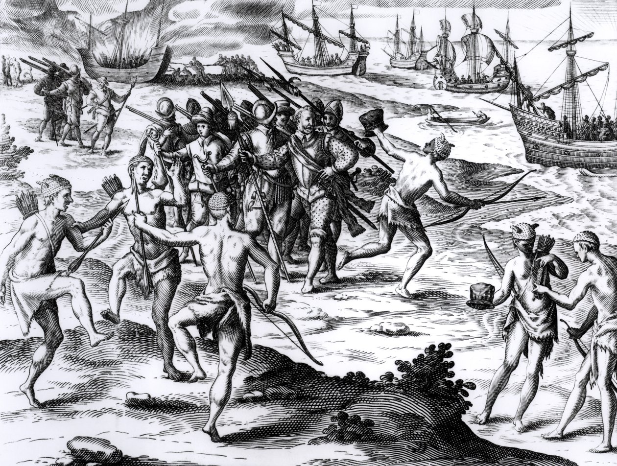 Francis Drake (asi 1540-96) v Novém světě od English School