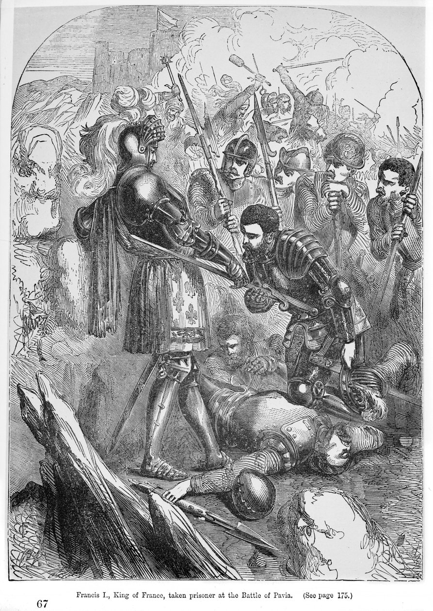František I. (1495-1547) Zajat v bitvě u Pavie v roce 1525 Charles Bourbon (1490-1527), knižní ilustrace od English School