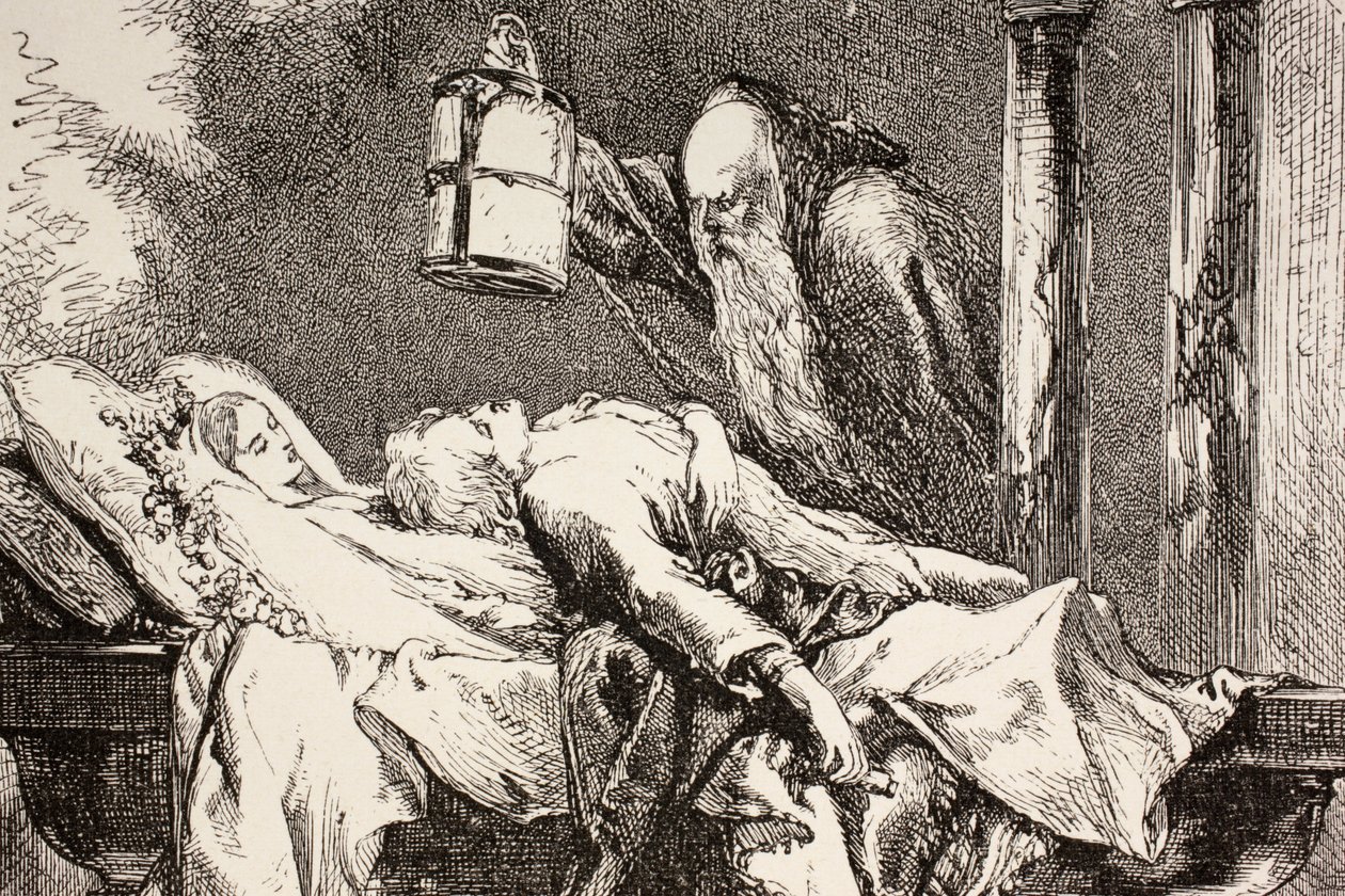 Mnich Laurence přijíždí do krypty Kapuletů, aby našel Romea, Julii a Paris všechny mrtvé, z „The Illustrated Library Shakespeare“, vydané v Londýně 1890 od English School