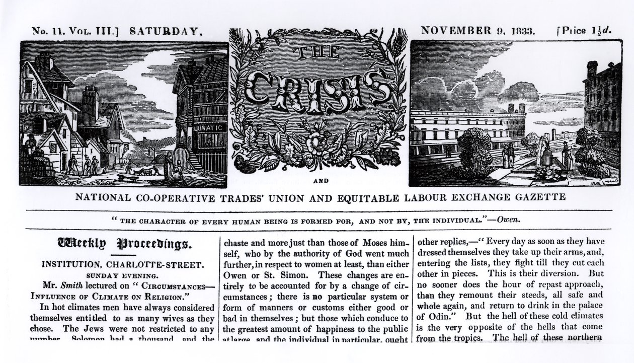 Titulní strana „Národního družstevního odborového svazu a věstníku Equitable Labor Exchange Gazette“, 9. listopadu 1833 od English School