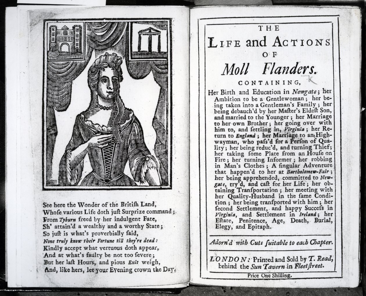 Frontispis a titulní strana pro „Život a činy Moll Flandersové“ od Daniela Defoe, vydáno 1723 od English School