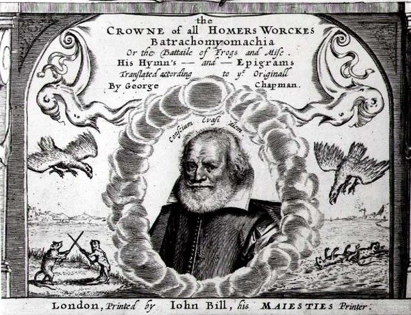 Frontispis Batrachomyomachia aneb Bitva žab a myší, přeložil George Chapman (asi 1559-1634) od English School