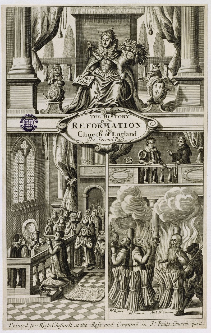 Frontispis k Dějinám reformace anglikánské církve: Druhá část Gilberta Burneta (1643-1715), pub. Richard Chiswell (1639-1711), 1681 od English School