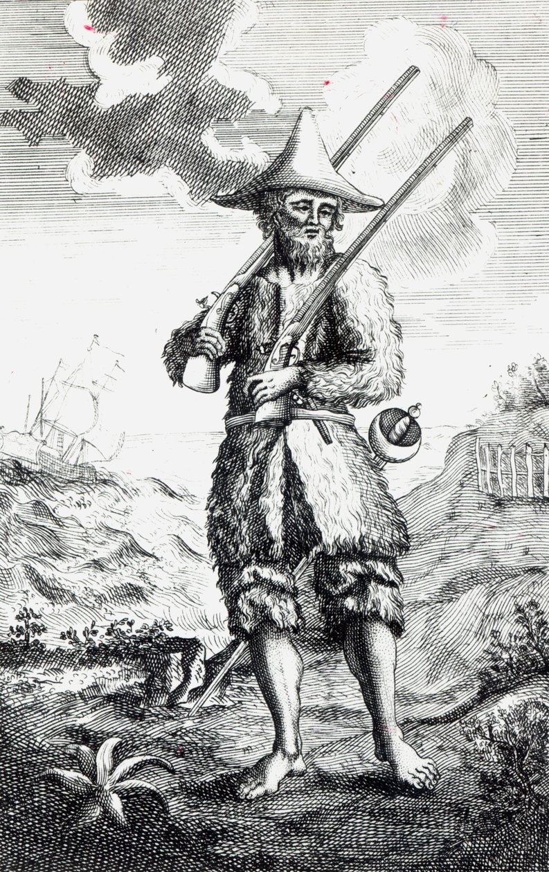 Frontispis k „Životu a podivným překvapivým dobrodružstvím Robinsona Crusoe z Yorku, Mariner“ od Daniela Defoe, 1719 od English School