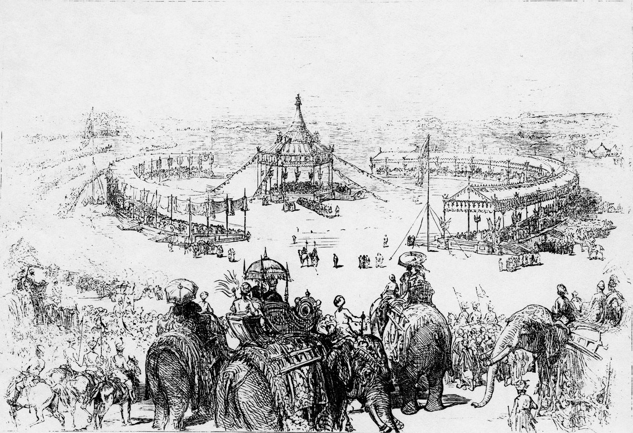 Obecný pohled na Imperial Durbar v Dillí z ptačí perspektivy, publikovaný v Illustrated London News 10. února 1877 od English School