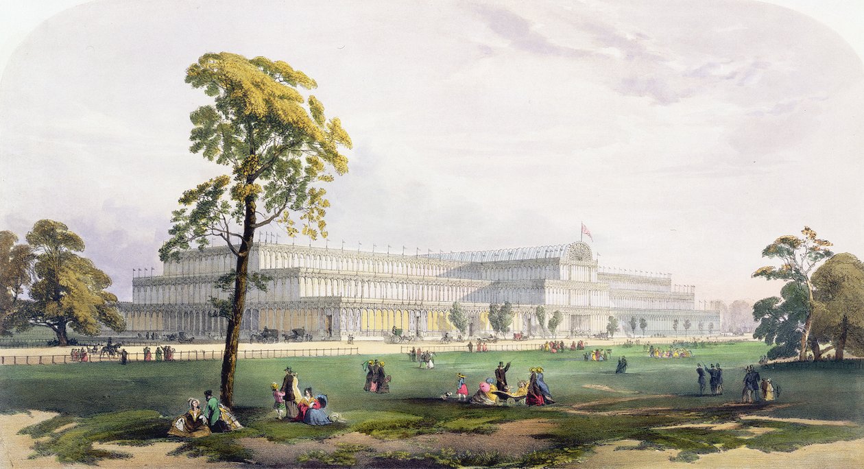 Celkový pohled na exteriér budovy, na Velké výstavě z roku 1851, z Dickinsonových komplexních obrázků (barevné lito) od English School