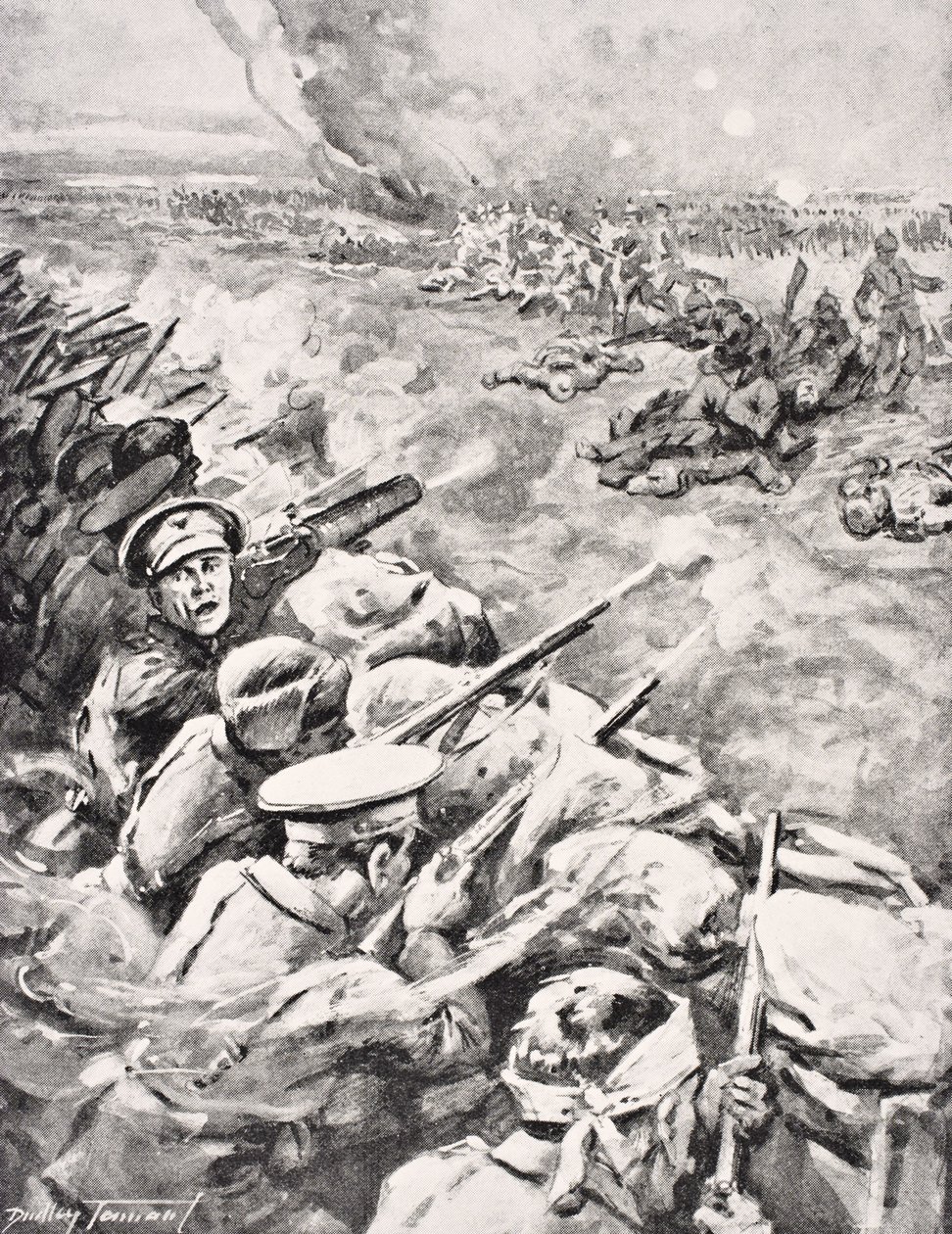 Německé jednotky útočí na britské zákopy, 1915, z ‚The War Illustrated Album de Luxe‘, vydané v Londýně, 1916 od English School