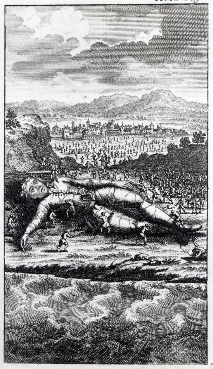Gulliver zajatý liliputány, ilustrace z 