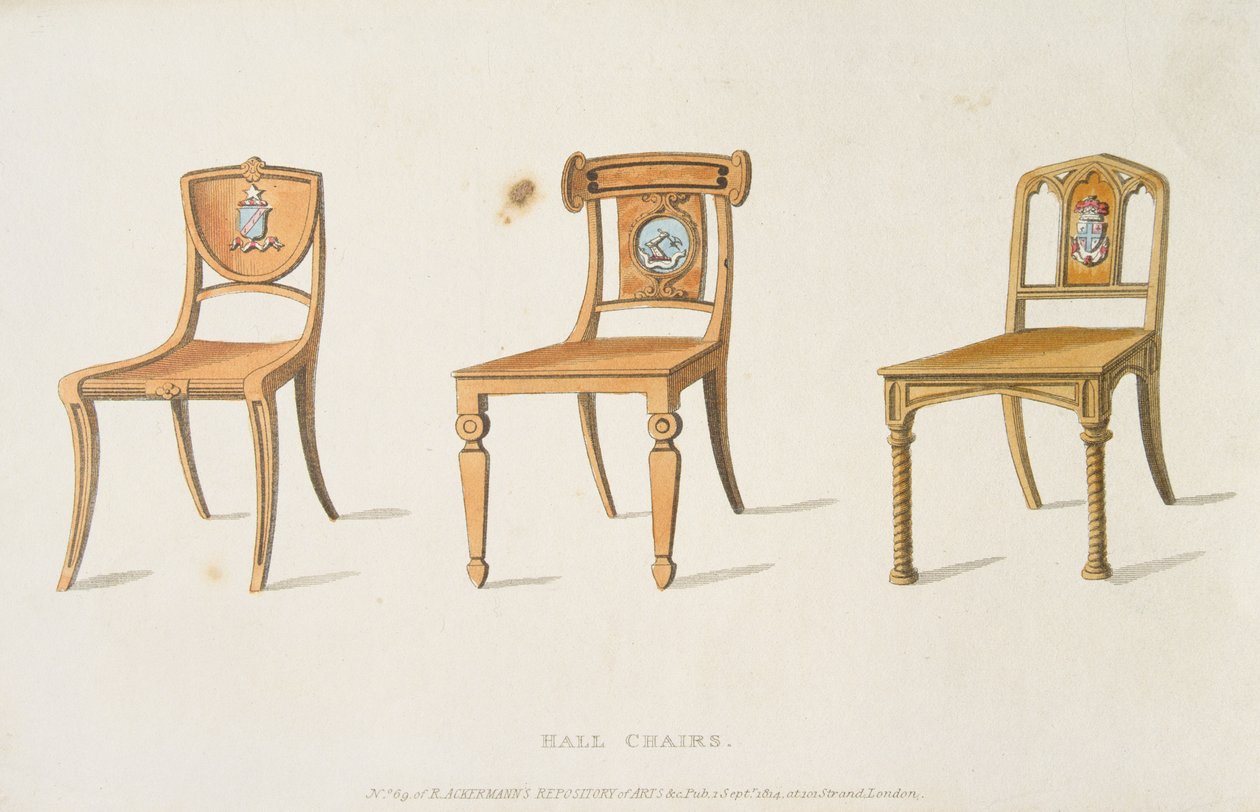 Halové židle, deska 67 z Ackermanns Repository of Arts, Literature, Commerce, Manufactures, Fashion and Politics, vydané 1814 od English School