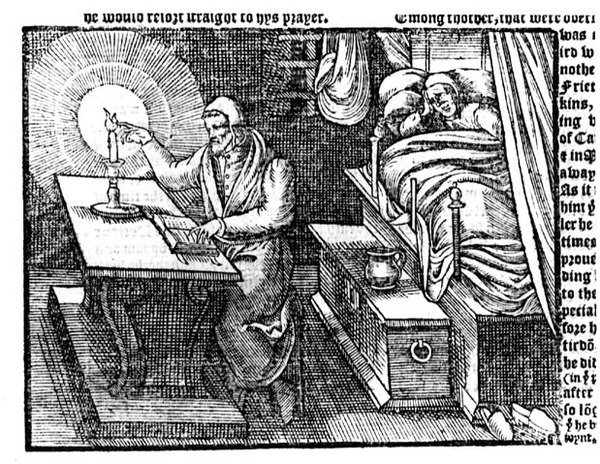 Hugh Latimer (c.1485-1555) Drží prst v plameni svíčky, z Acts and Monuments od Johna Foxe (1516-87) 1563 od English School