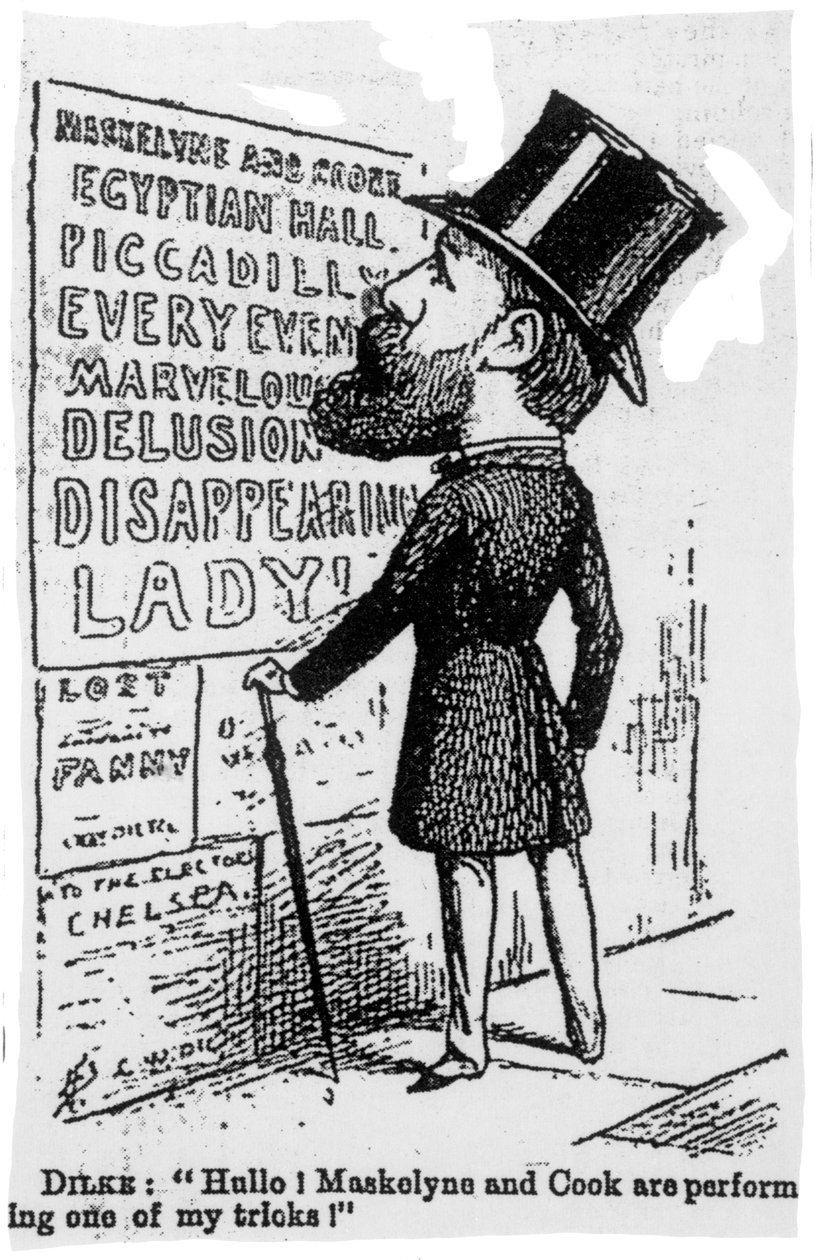 Haló! Maskelyne a Cook předvádějí jeden z mých triků!, satirická karikatura sira Charlese Dilka, kolem roku 1886 od English School
