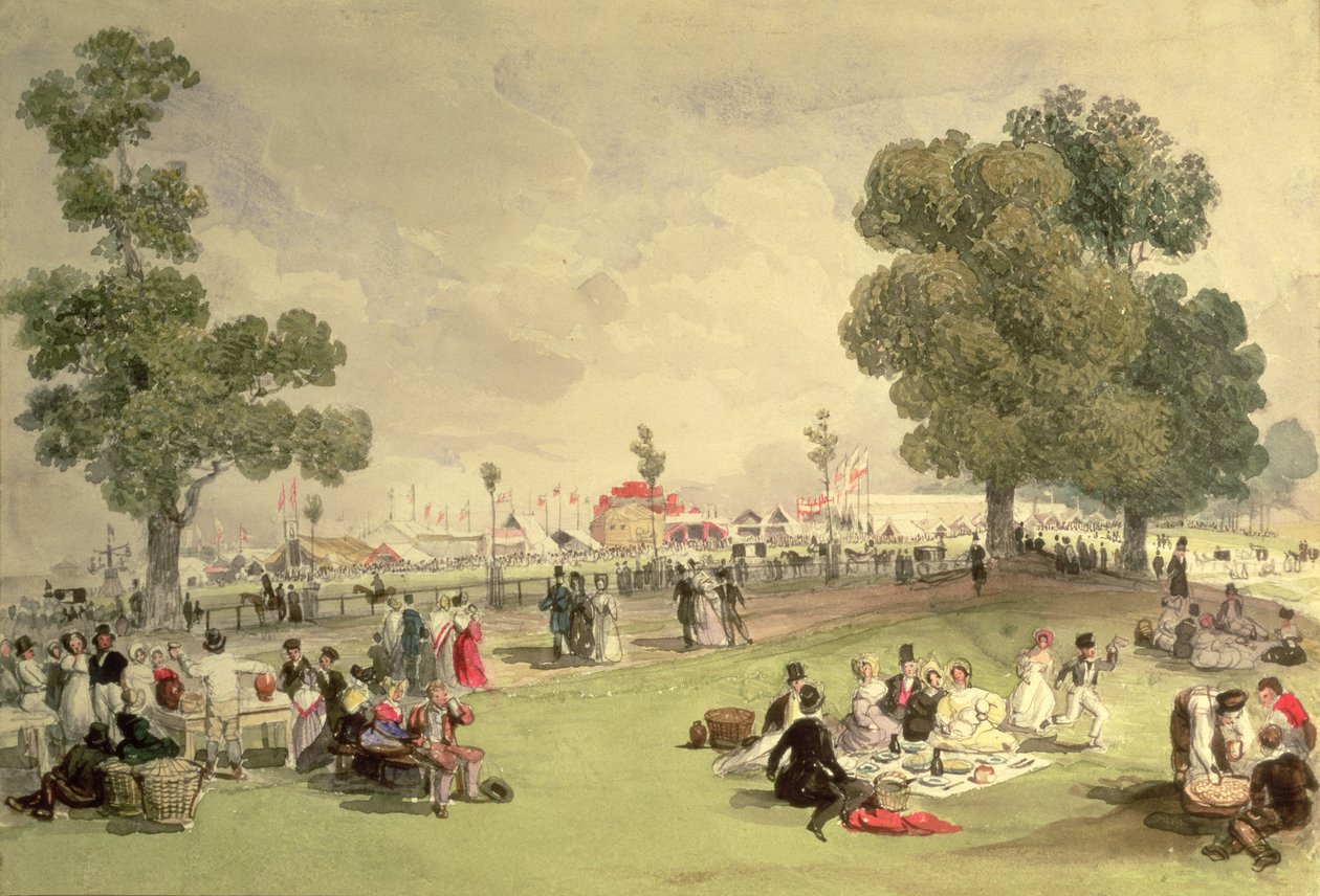 Hyde Park, pohled na korunovační veletrh, 28. června 1838 (wc na papíře) od English School