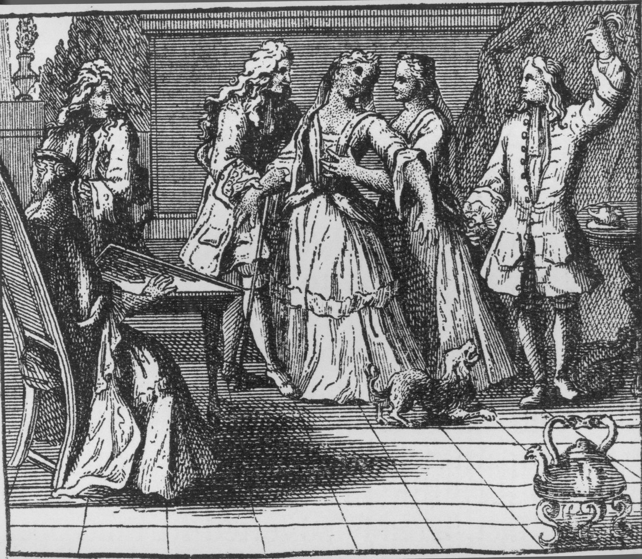 Ilustrace z „Znásilnění zámku“ od Alexandra Popea (1688-1744) 1714 od English School