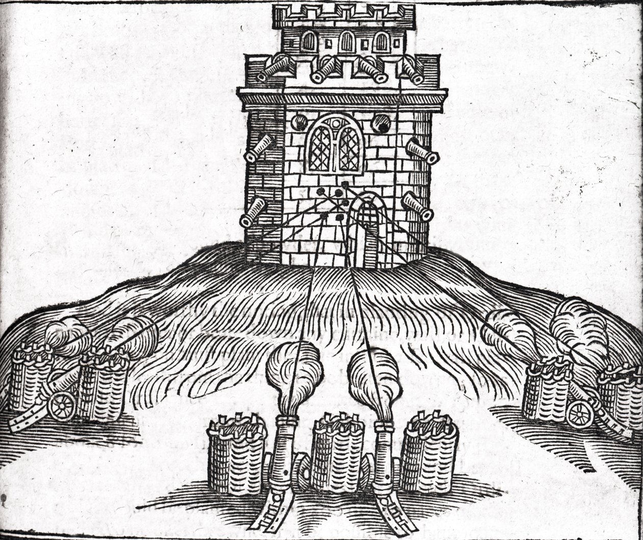 Ilustrace obléhací války, z „The Art of Gunnery“ od Thomase Smithe (fl.1600-27), 1628 od English School