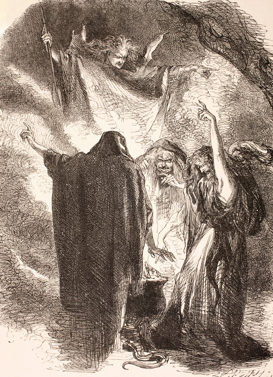 Ilustrace čarodějnic kolem jejich kotle v Macbeth, z „The Illustrated Library Shakespeare“, vydané v Londýně 1890 od English School