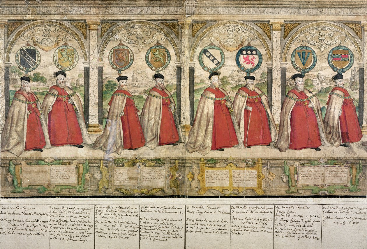 Imaginární složený průvod rytířů podvazku ve Windsoru, vyrytý Marcusem Gheeraertsem starším (1521-86) 1576 (barevný lept) od English School