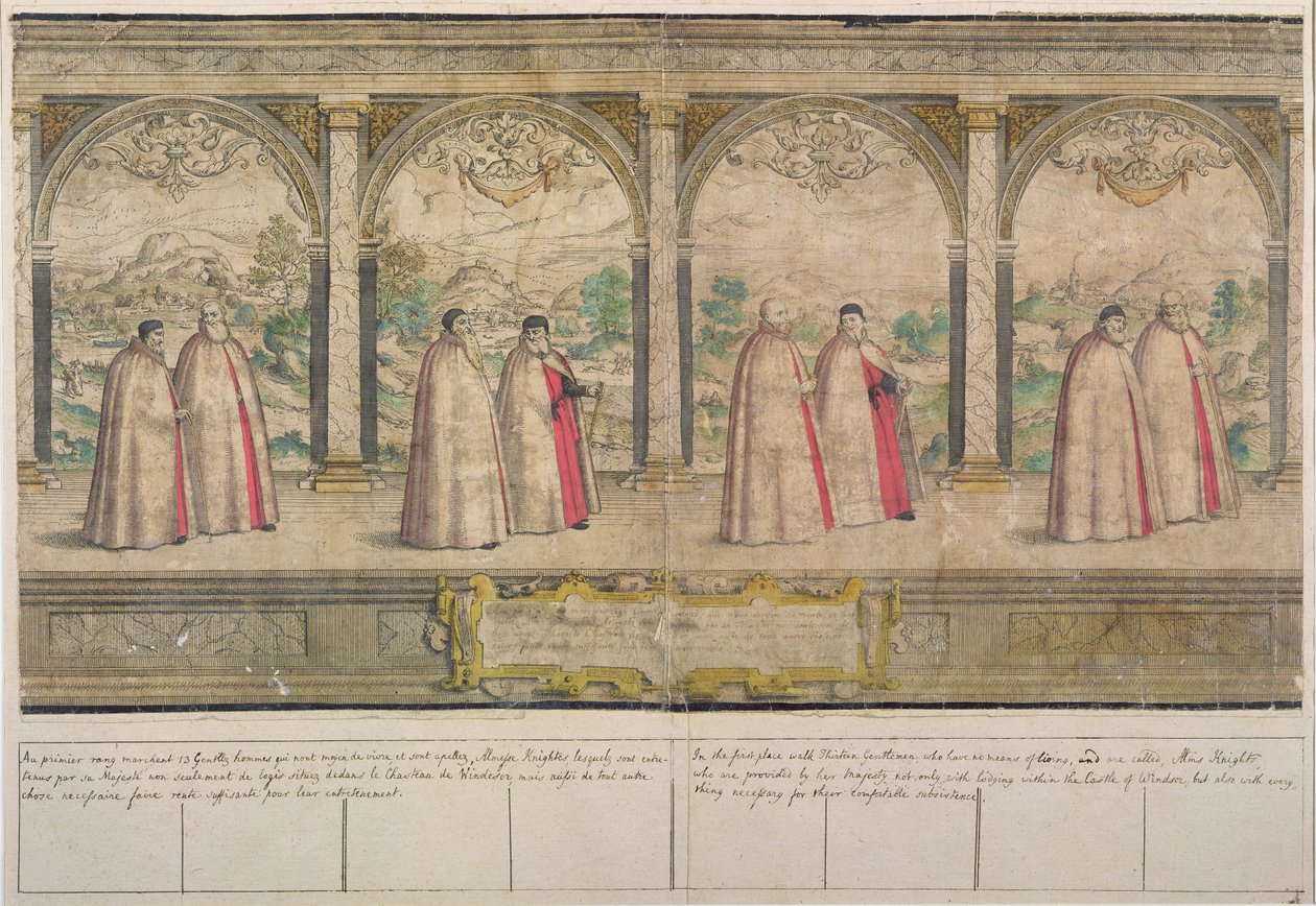 Imaginární složený průvod Řádu podvazku ve Windsoru, vyrytý Marcusem Gheeraertsem starším (1521-86) 1576 (barevný lept) od English School