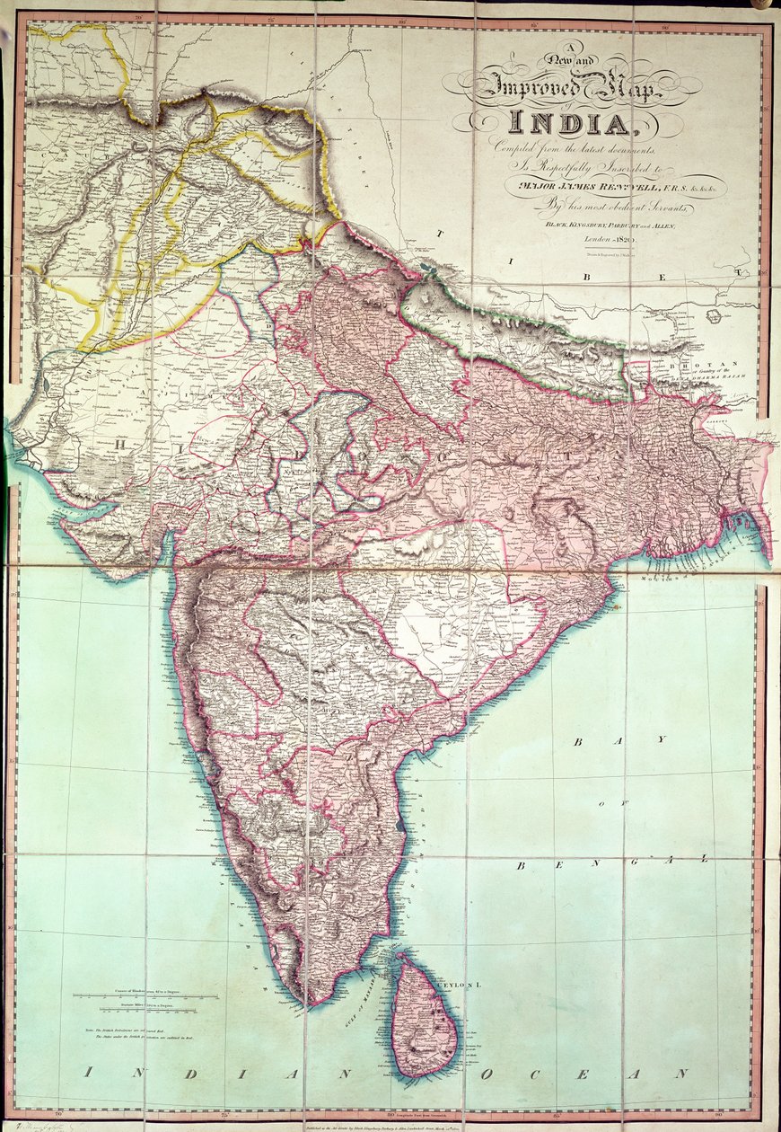 Vylepšená mapa Indie zveřejněná v Londýně 1820 (barevná litografie) od English School