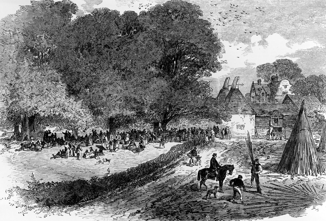 Na chmelnicích v Kentu, čekající na výplatu, 1867 od English School