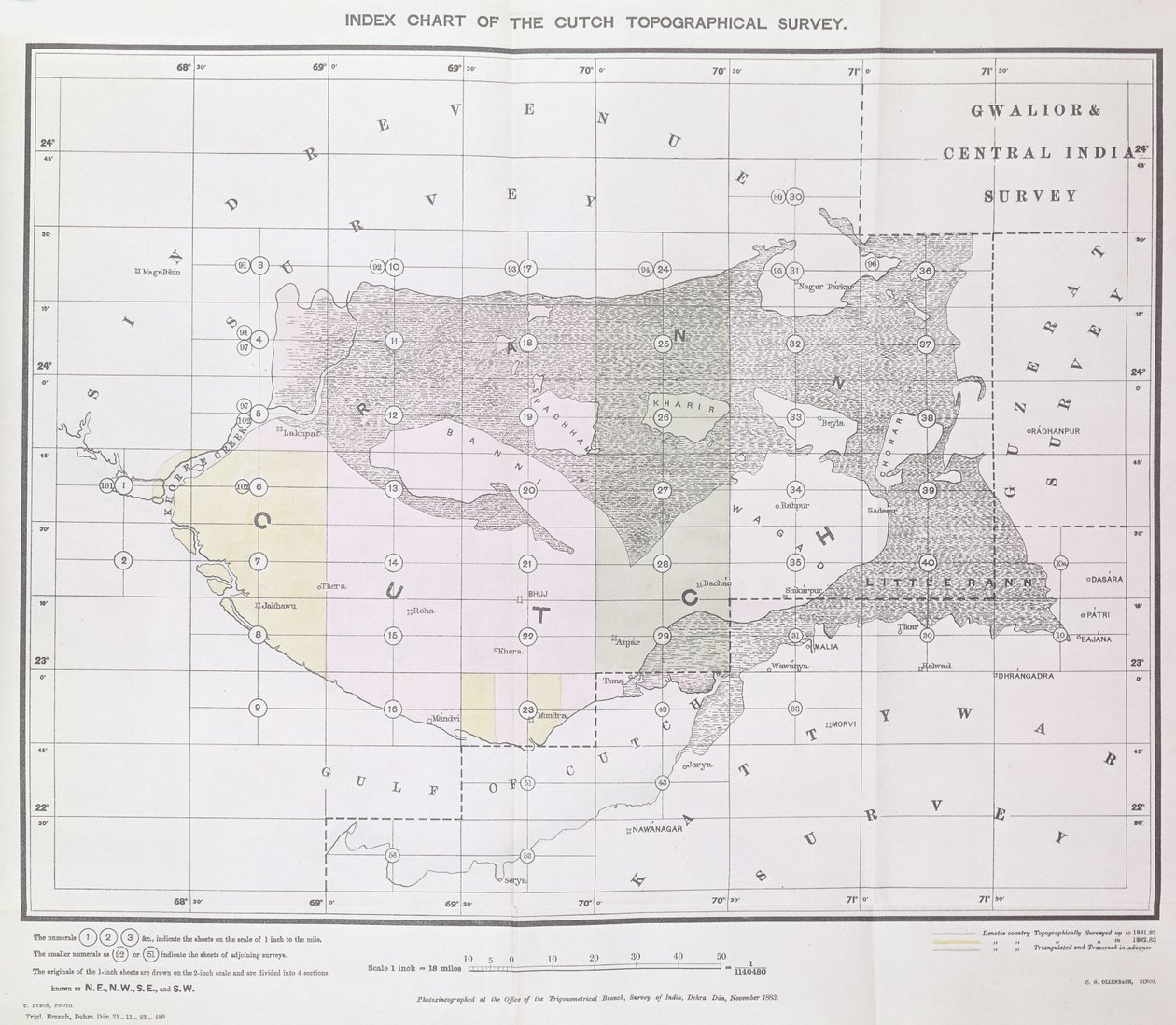 Rejstříková tabulka topografického průzkumu provincie Čutč od Trigonometrické pobočky, Survey of India, Dehra Dun, listopad 1883 od English School