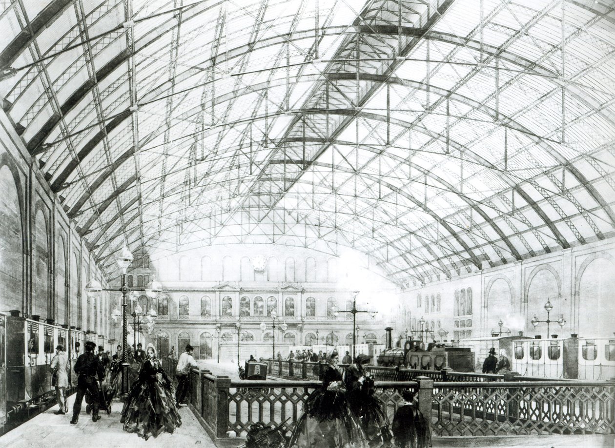 Interiér stanice Charing Cross, rytina bratří Kellů, asi 1864 od English School