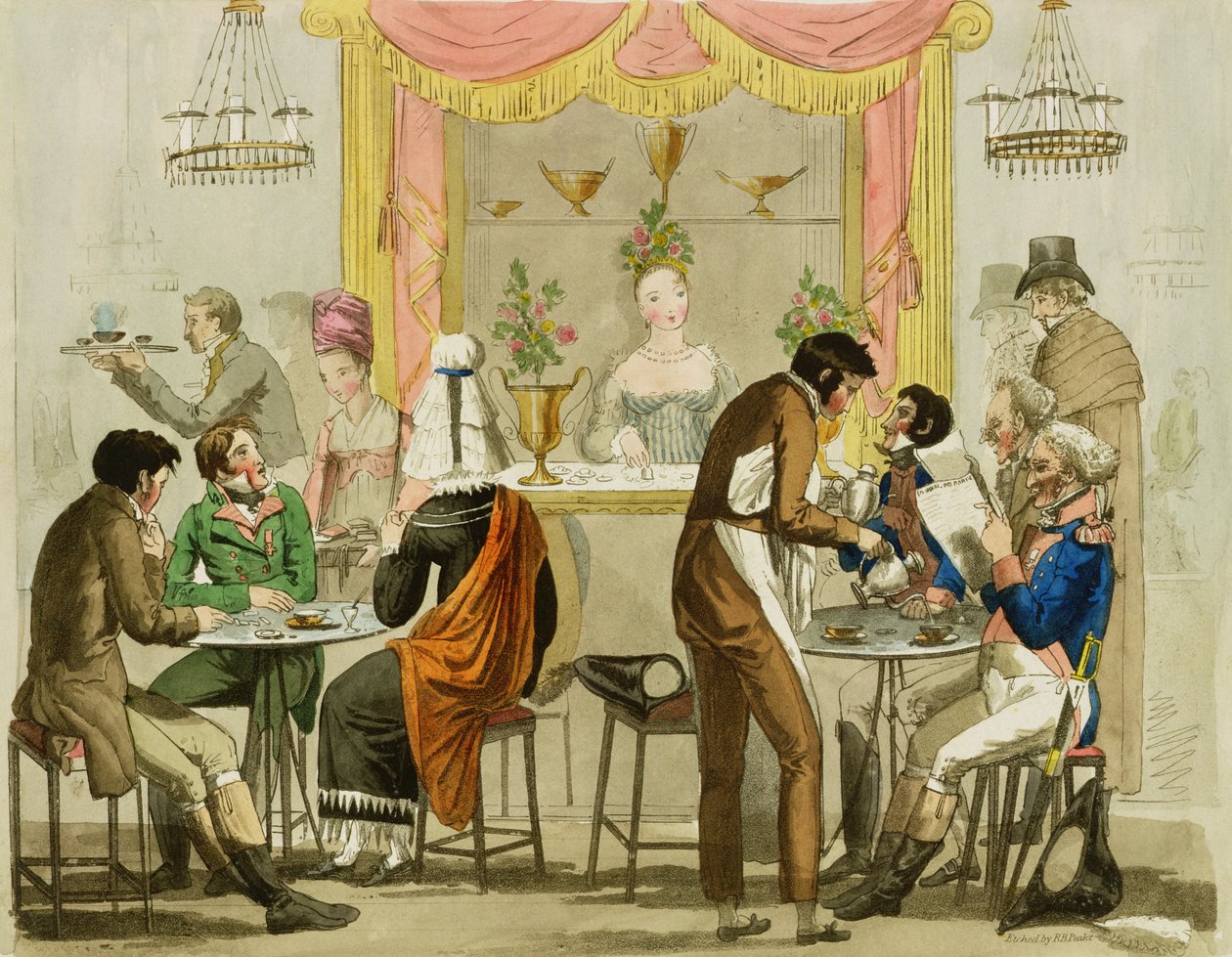 Interiér kavárny, vydáno pro knihovnu Williama Pearmana, 1819, (barevný lept) od English School