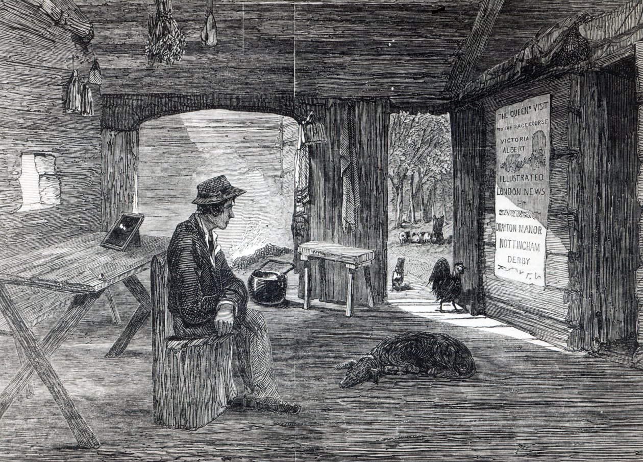 Interiér osadnické chýše v Austrálii, z „The Illustrated London News“, 1849 od English School